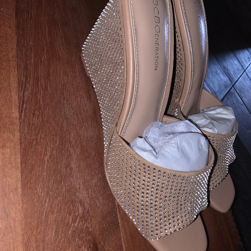 BCBGeneration Tan Rhinestone Slide Wedges - Picture 2 of 6